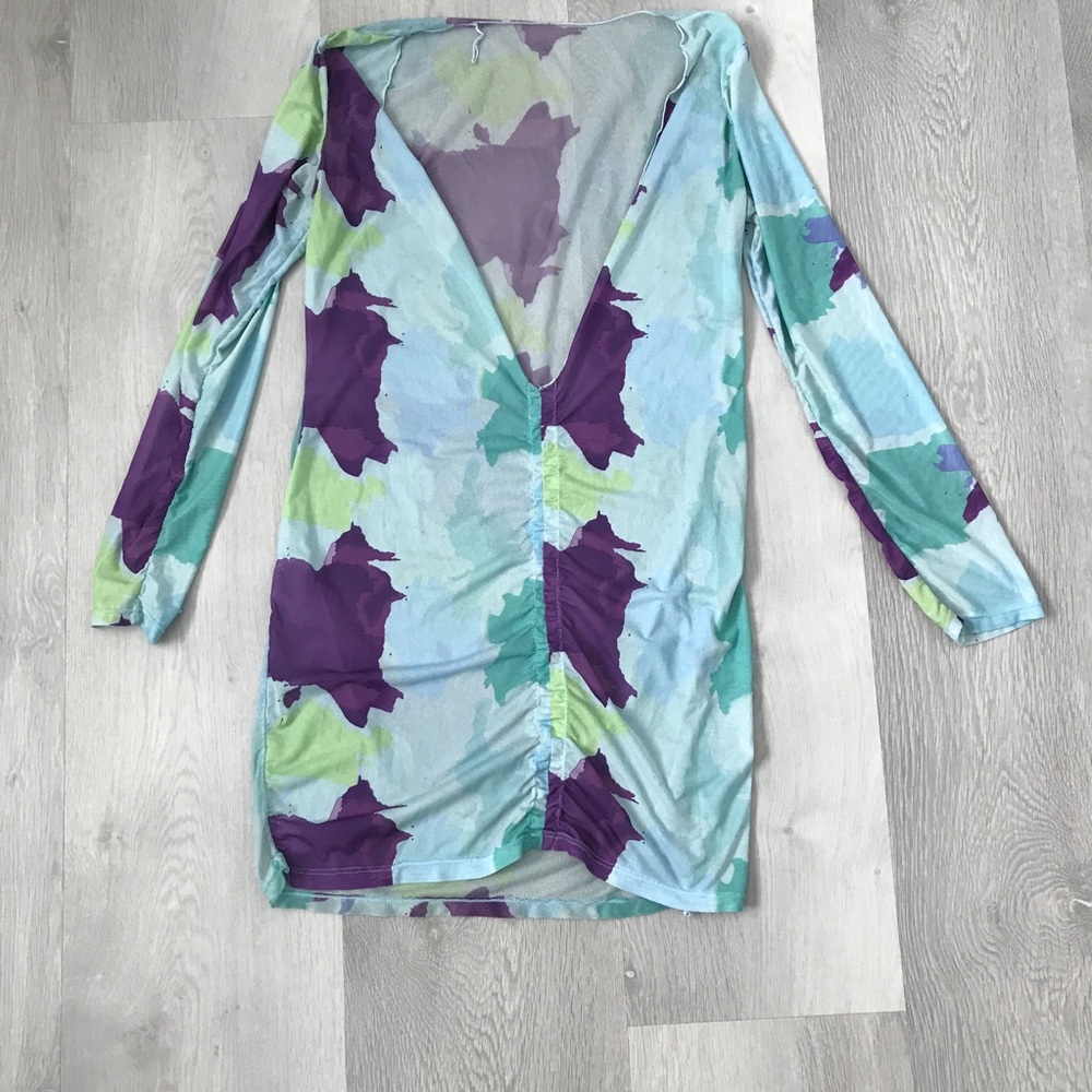 SHEER MESH DRESS LONG SLEEVE V NECK SWUM COVER UP WOMENS XL